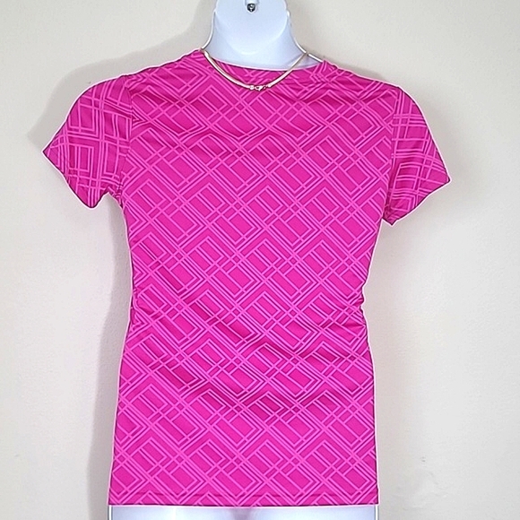 T-shirt short sleeve v Neck Athletic geometric print Fuscia Bright Pink Workout - Picture 4 of 4